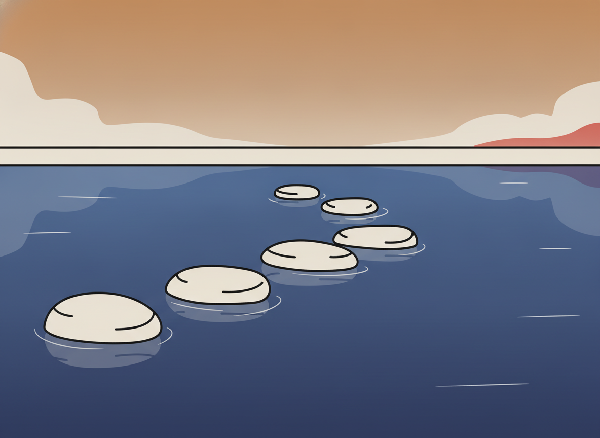 five stepping stones across a calm river, minimalist illustration