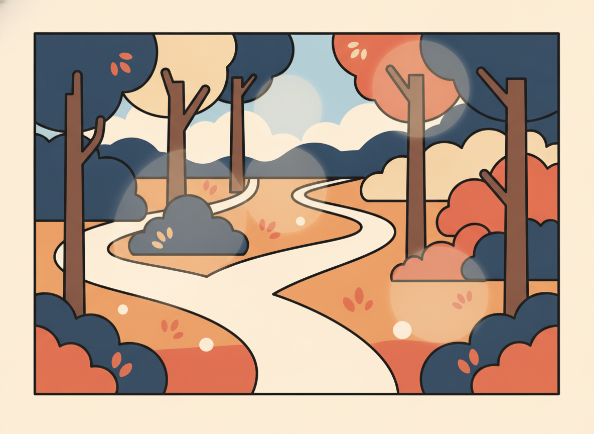 three pathways diverging in a forest, soft natural light