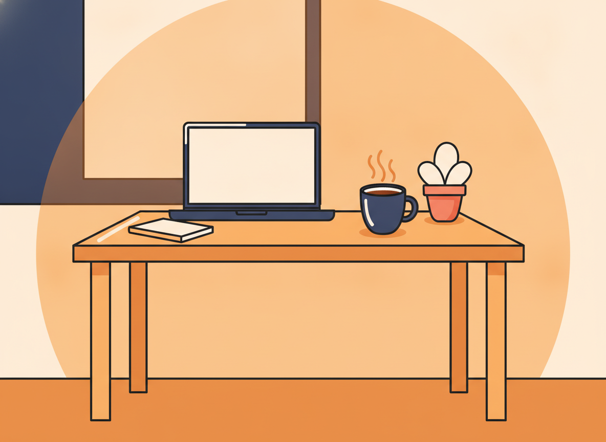a tidy wooden desk with a single cup of coffee and warm ambient light