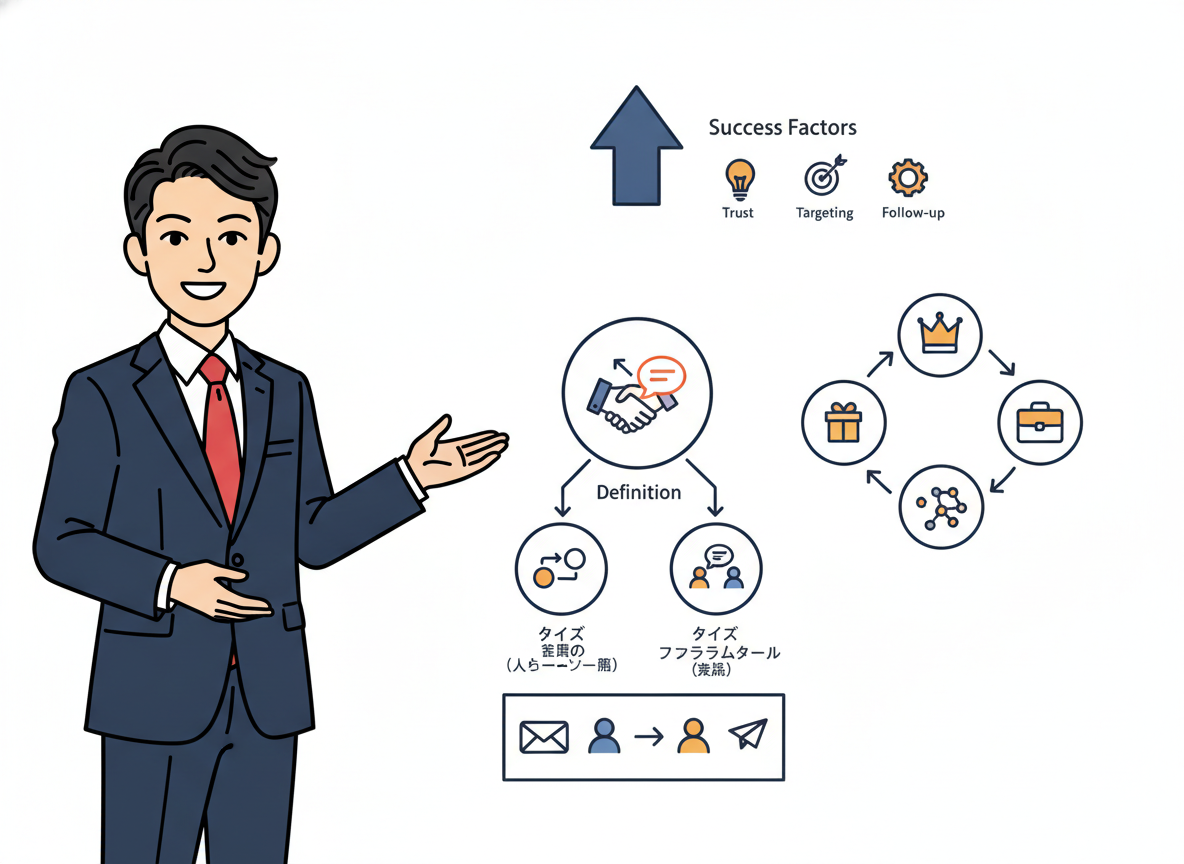 紹介営業の全体像を示すインフォグラフィック(定義・種類・仕組み・成功要因・メール)