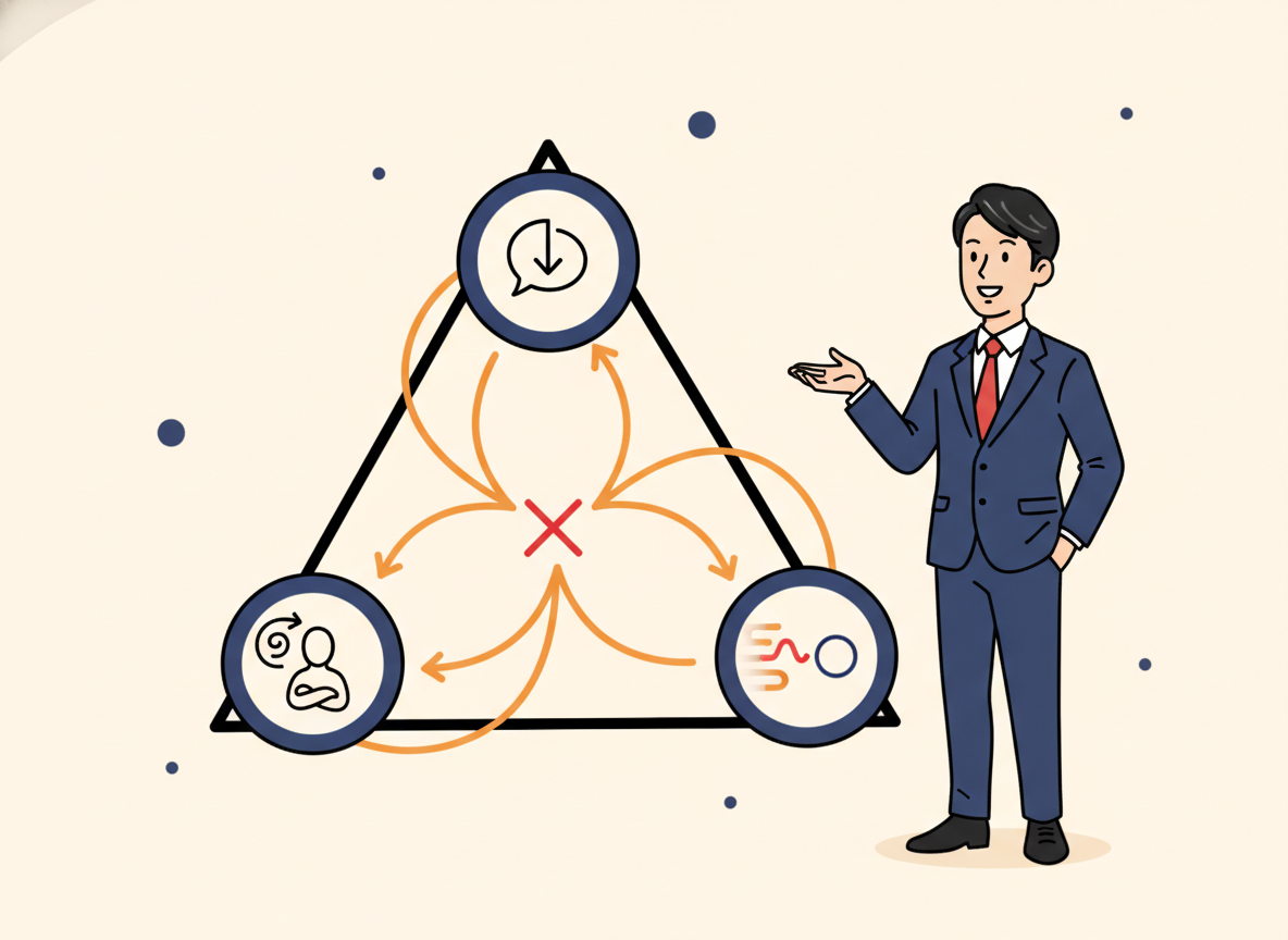 紹介が止まる原因の三角図(報告不足・自分軸・認知の曖昧さ)