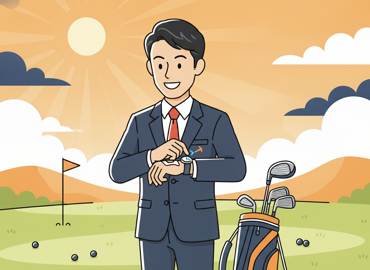 a golfer checking a GPS watch on a sunny fairway, no text visible