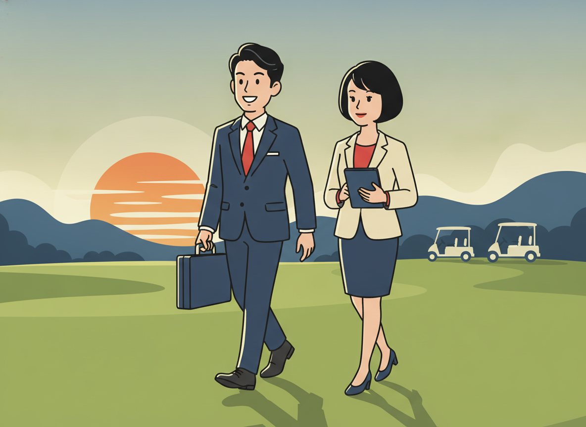 two business people walking on a golf course in morning light, no text