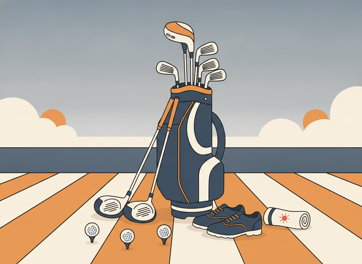 a set of golf equipment laid out on a wooden deck in morning light, no text