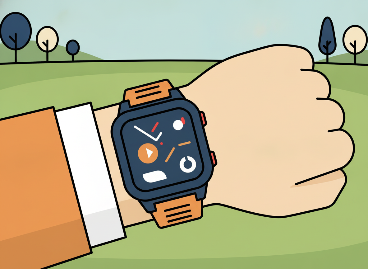 a close-up of a wrist GPS watch on a green fairway background, no product text