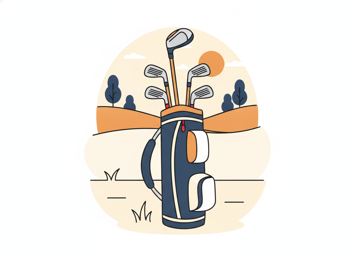 golf clubs resting against a golf bag on a sunny course, no text