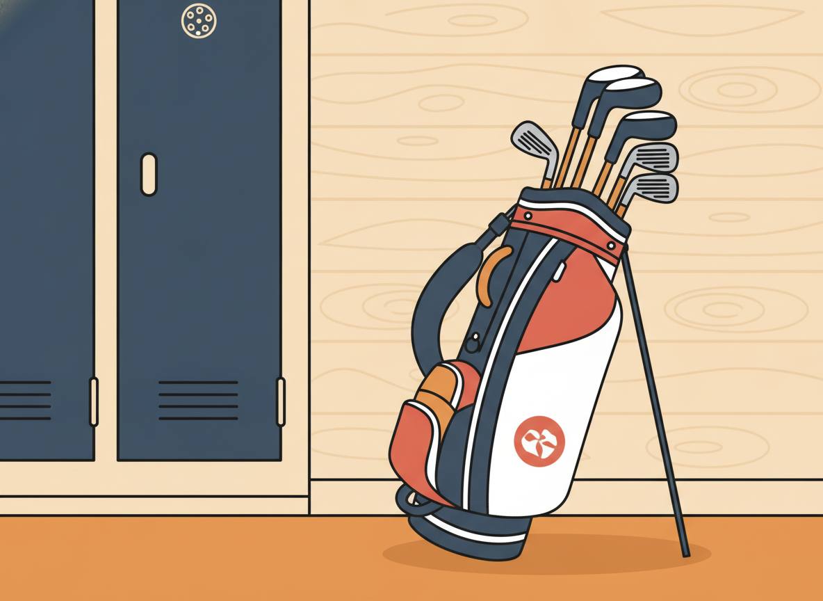 a stylish golf bag leaning against a wooden locker room wall, no text