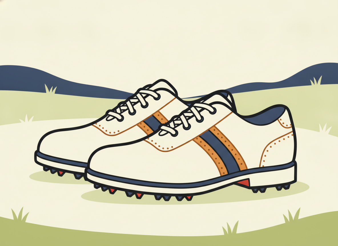 a pair of classic white golf shoes on green grass, no text
