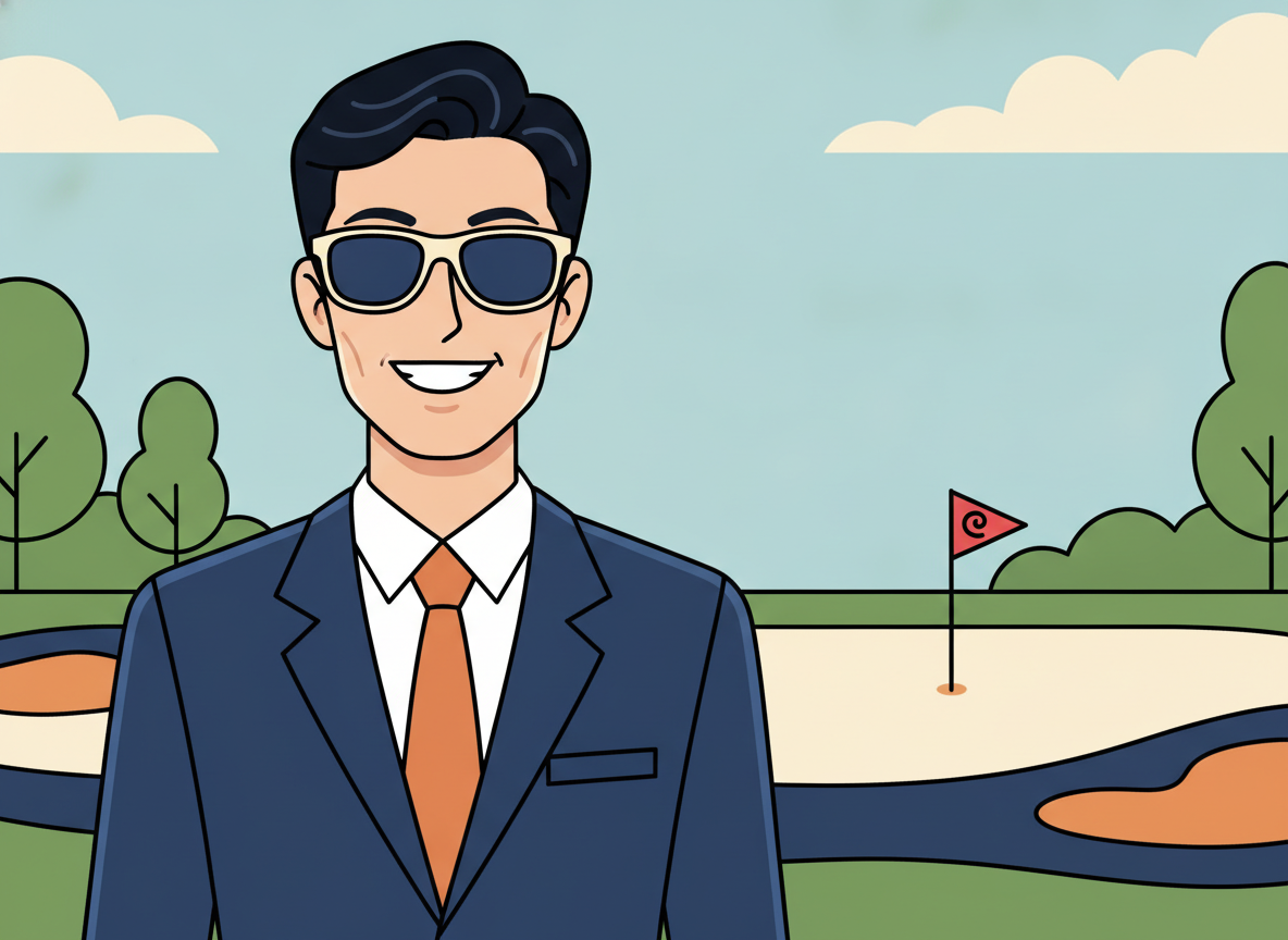 a person wearing sporty sunglasses on a bright golf course, looking ahead, no text