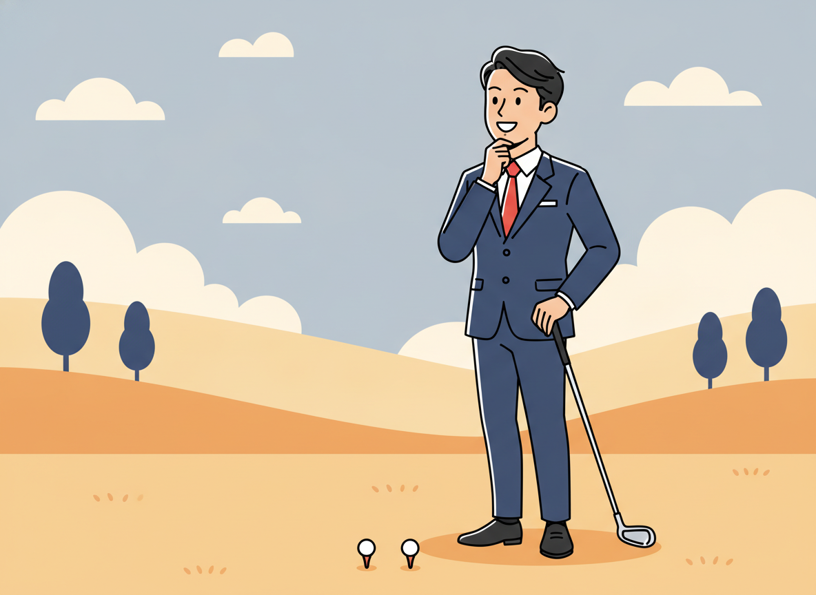a person pausing thoughtfully on a golf course at midday, no text