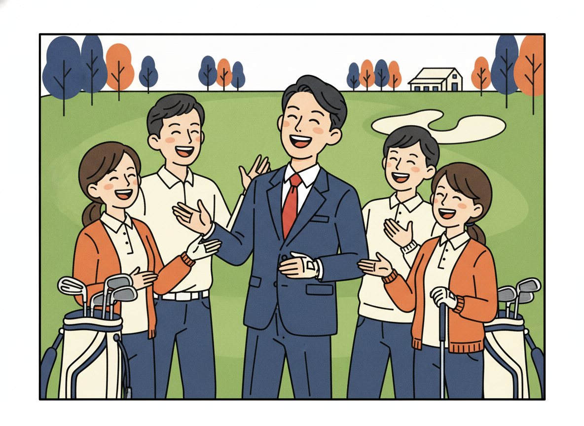 a group of people laughing at an outdoor gathering after golf, no text visible