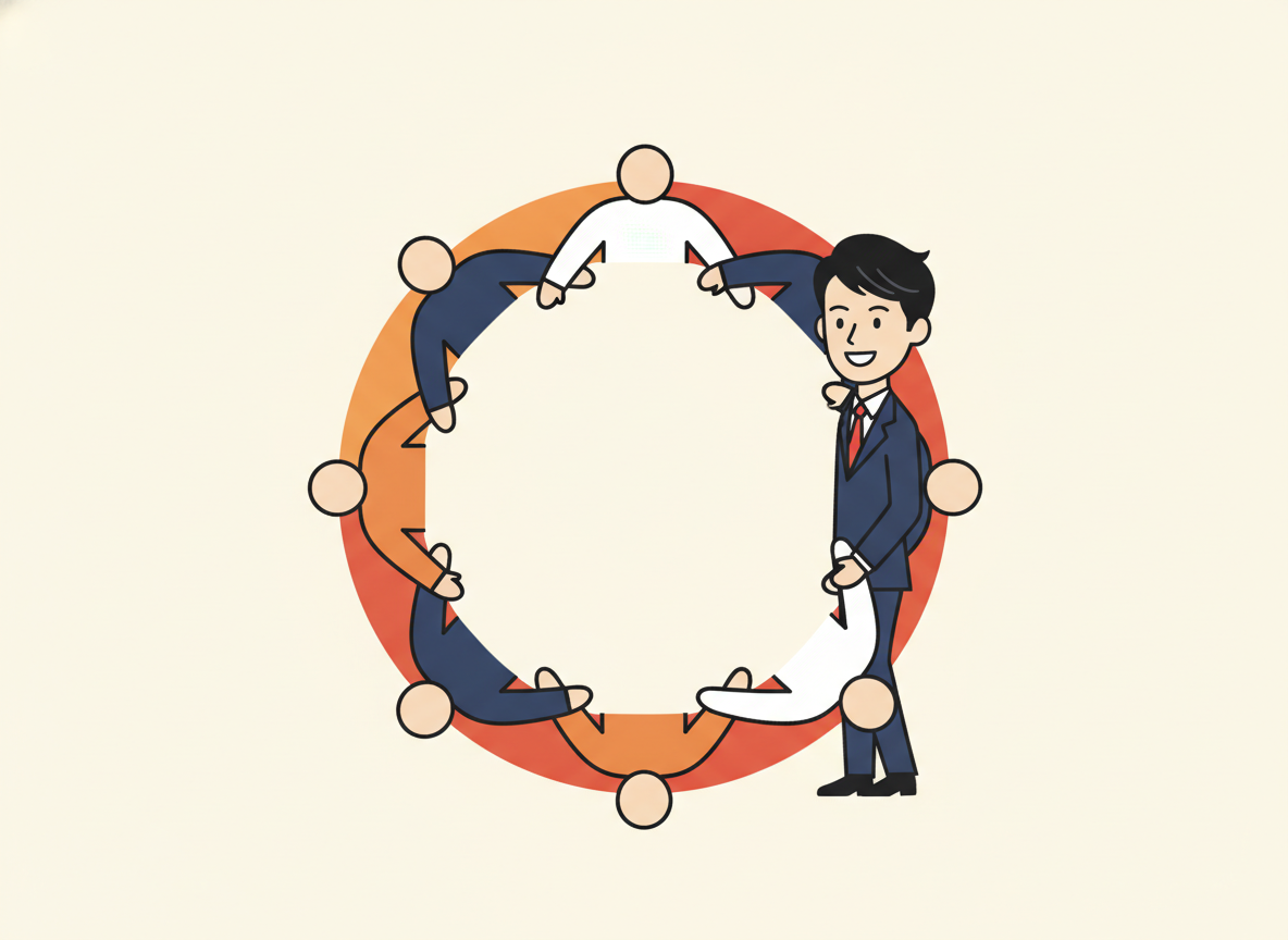 an abstract circle of connected people rendered in soft warm tones, no text