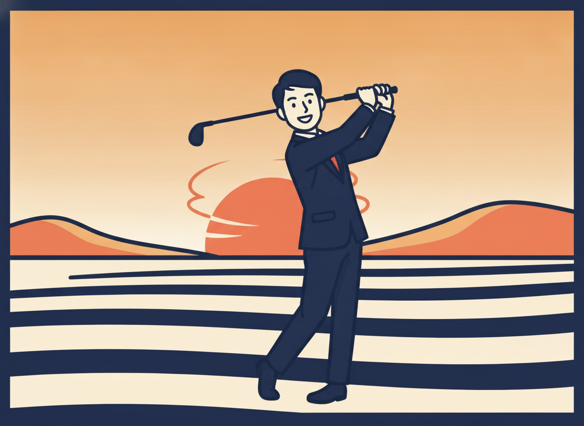 a golfer silhouette at sunset on a fairway, peaceful atmosphere, no text