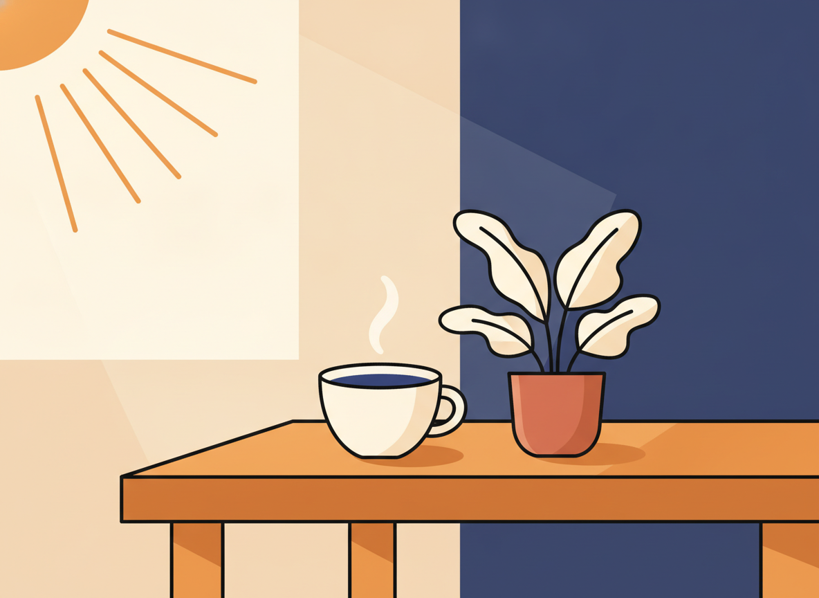 a wooden desk in morning light with a cup of coffee and a small plant