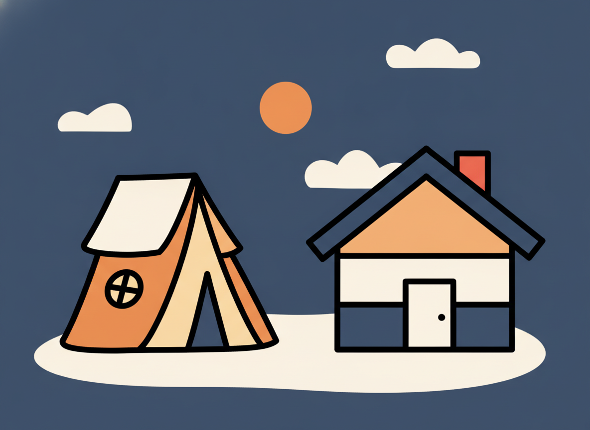 abstract illustration of two houses, one temporary and one permanent, in soft pastel colors