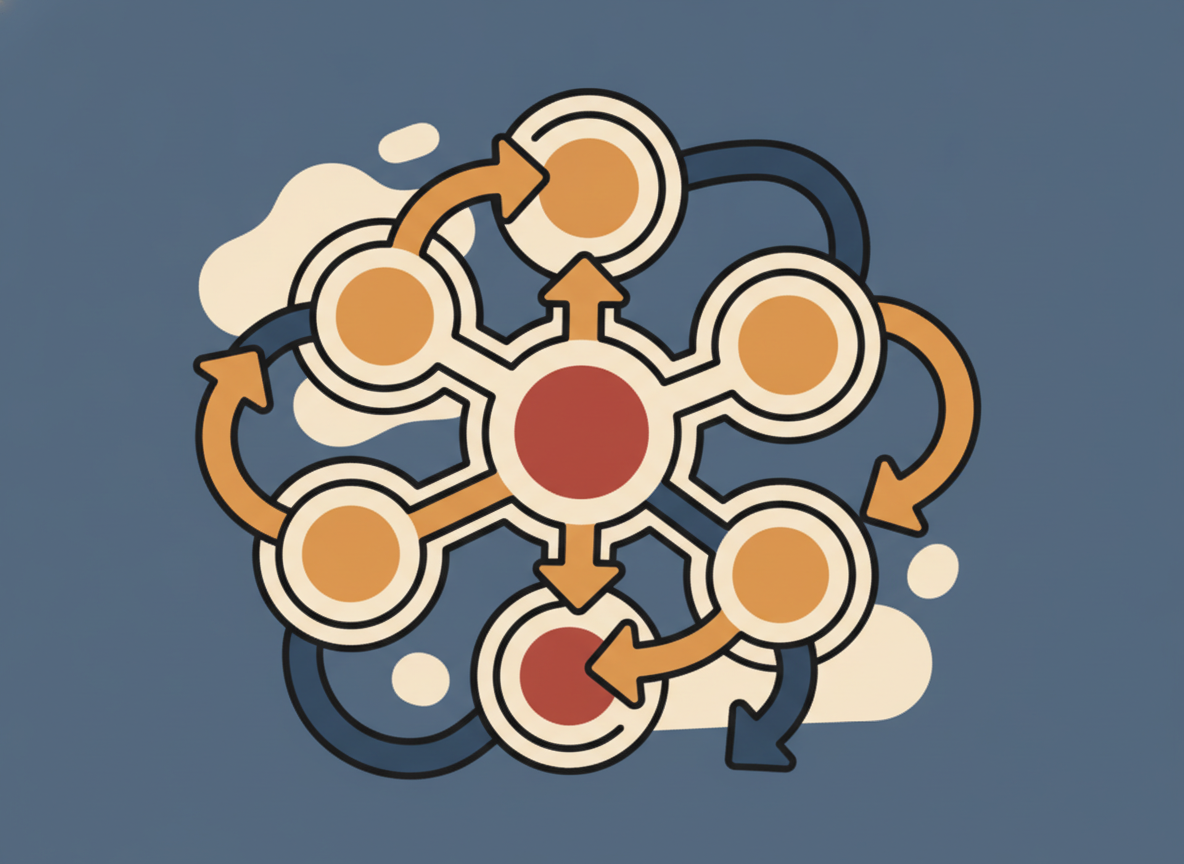 abstract diagram with arrows connecting circles in warm tones, representing flow and connection