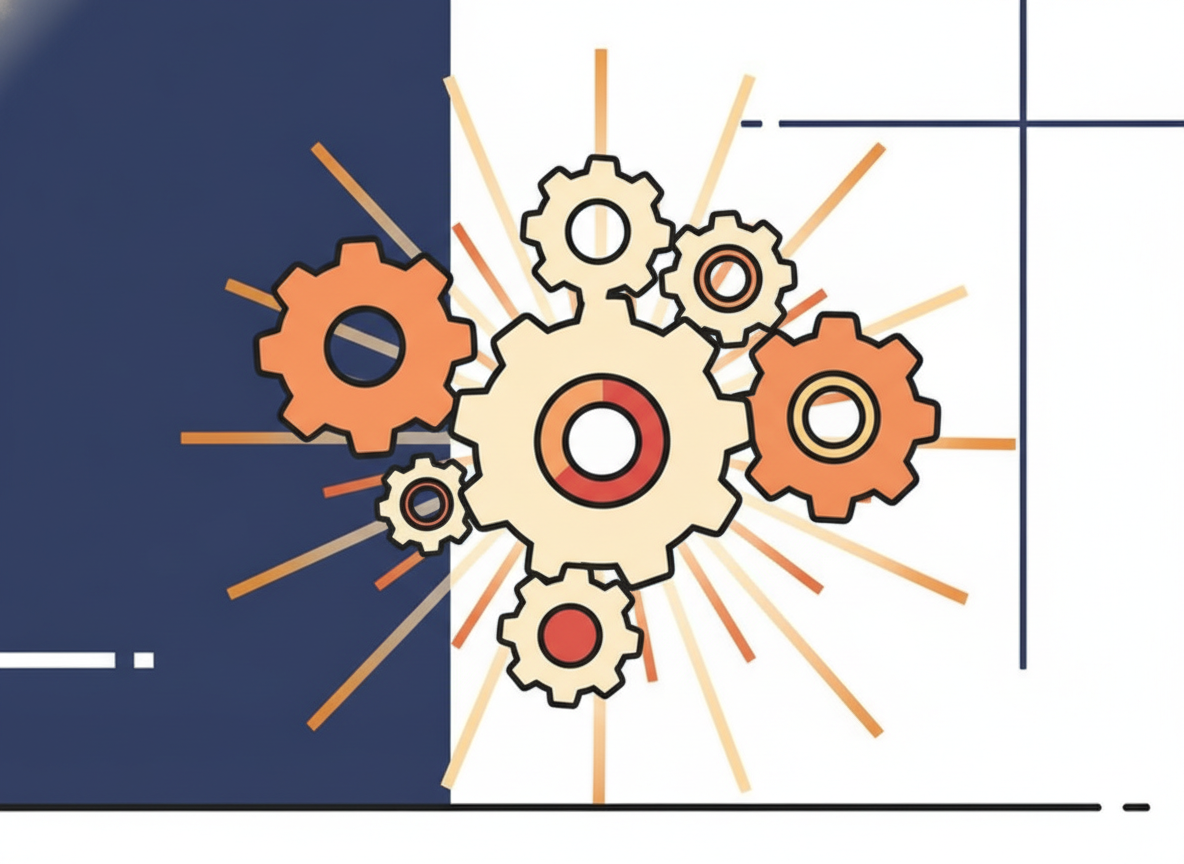 abstract gears and light beams in soft gold tones, representing automation without any text or screen
