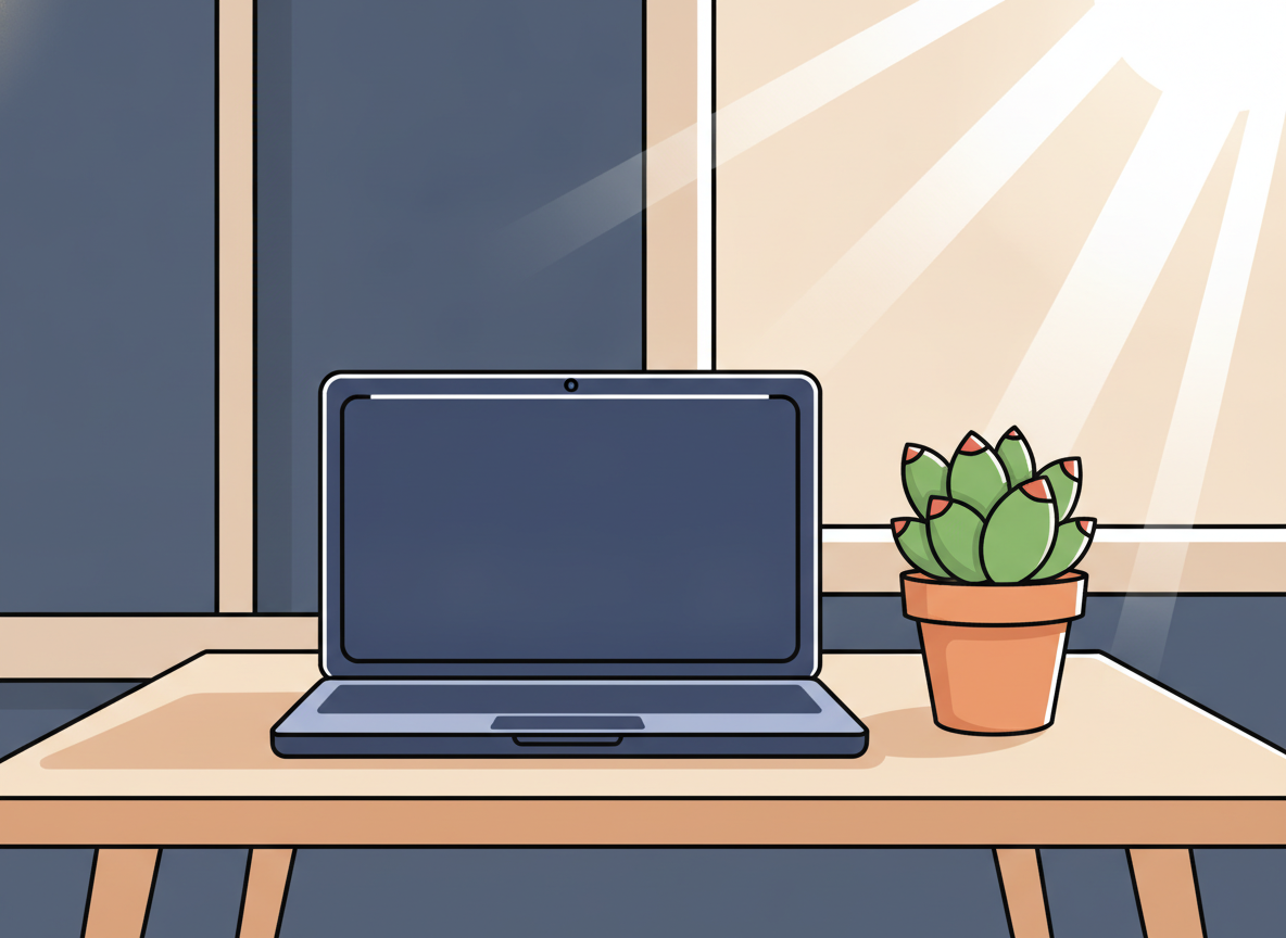 a tidy wooden desk with a laptop closed and a small succulent plant, warm natural light