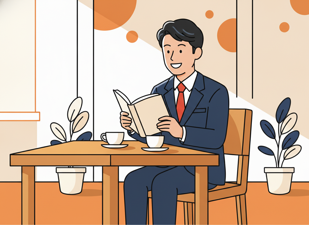 a person sitting at a wooden table in a bright cafe, reading, warm morning light, no visible text on surfaces
