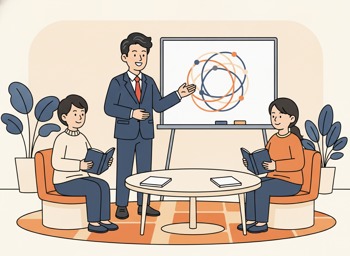 a group of people in a bright modern room, engaged in learning, warm tones, no screens visible