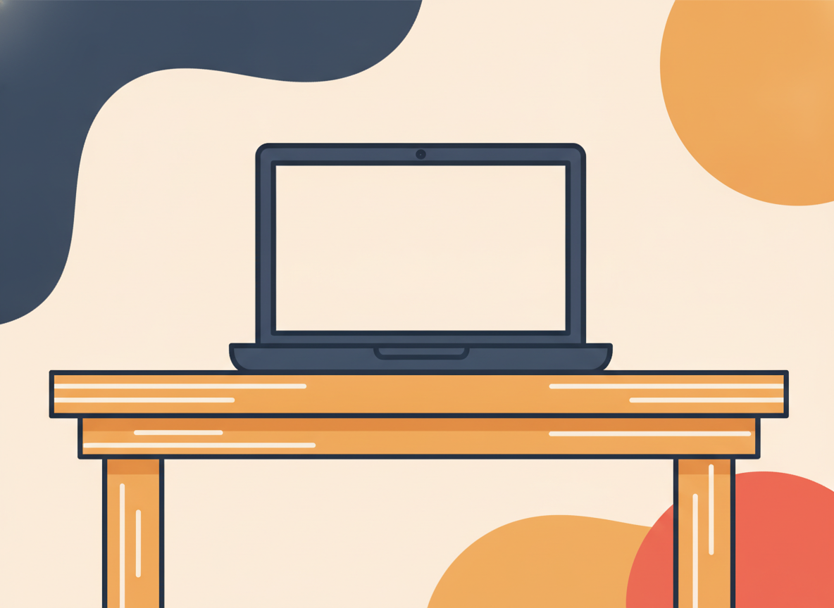 a simple wooden table with a laptop outline, minimalist style, no screen text