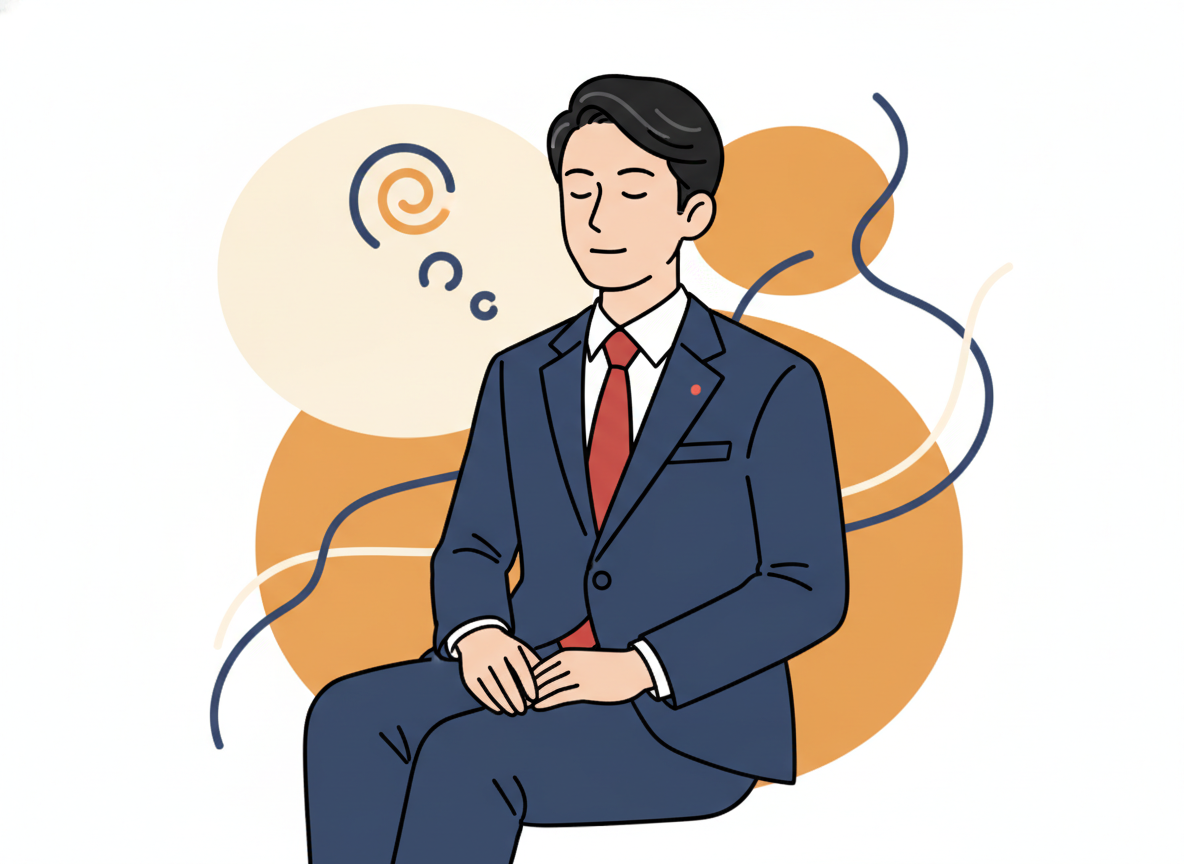 a person sitting and thinking with eyes closed, calm atmosphere