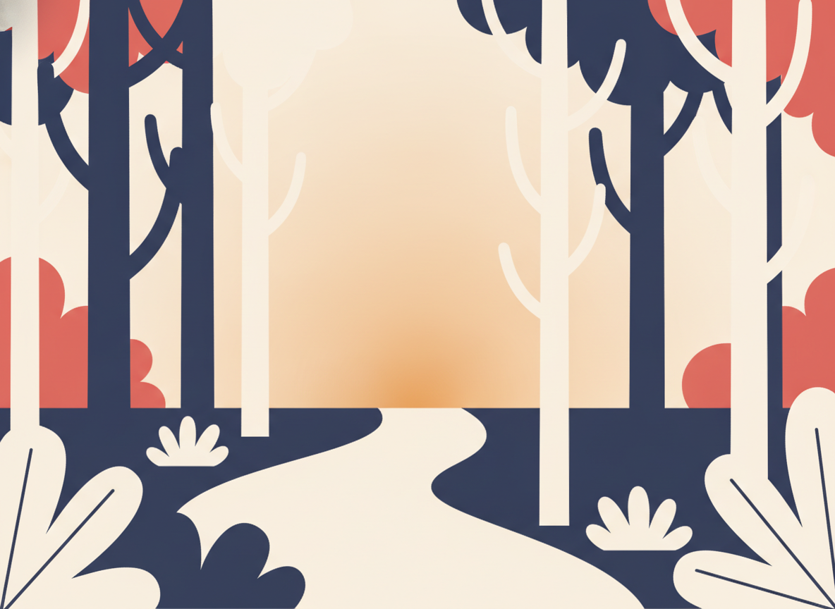 a calm pathway through a forest with soft light ahead, no text