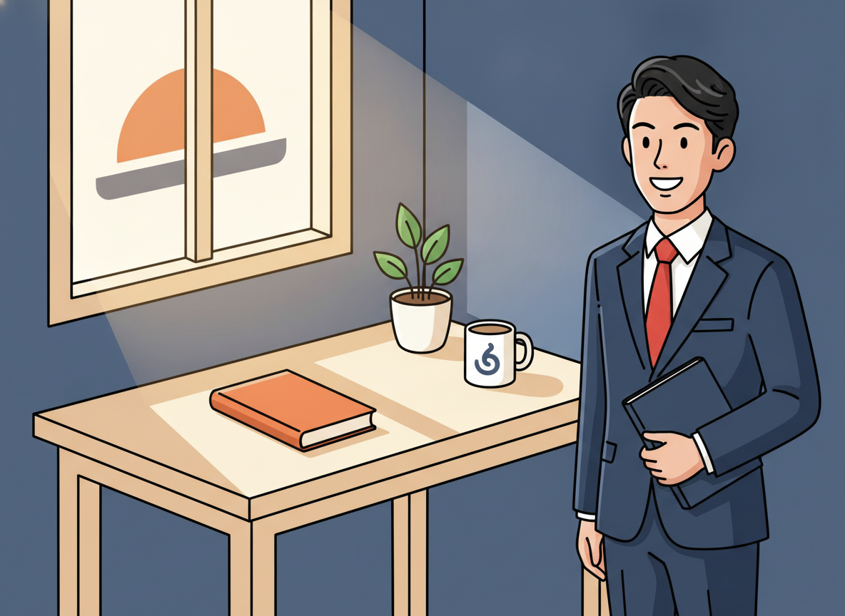 a wooden desk with a few simple objects, calm morning atmosphere