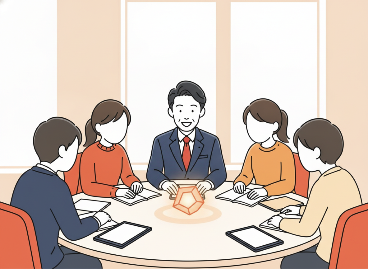 a group of people around a table in soft light, collaborative atmosphere, faces not detailed