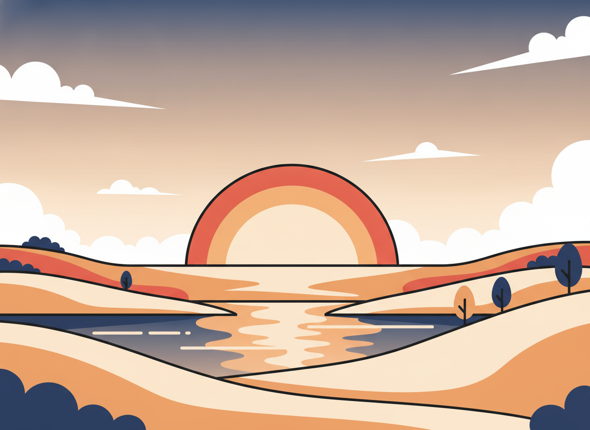 a sunrise over a calm landscape with no people, peaceful and open