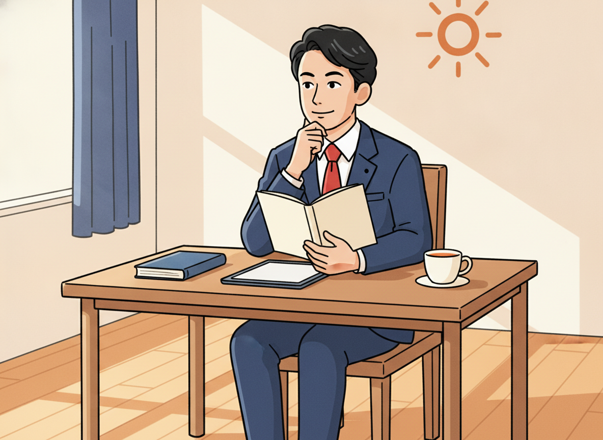a person sitting at a wooden desk in morning light, looking thoughtful