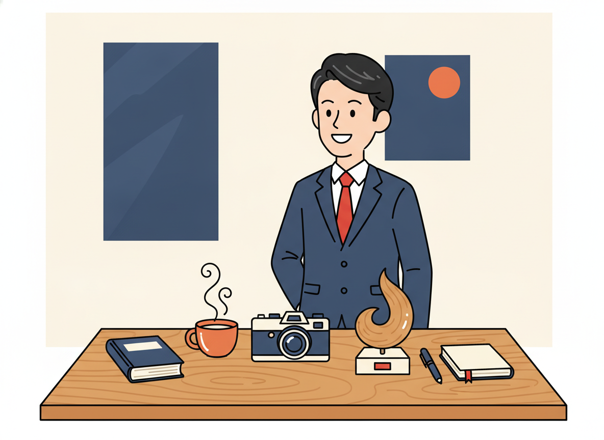 a warm wooden desk with a few meaningful objects placed intentionally