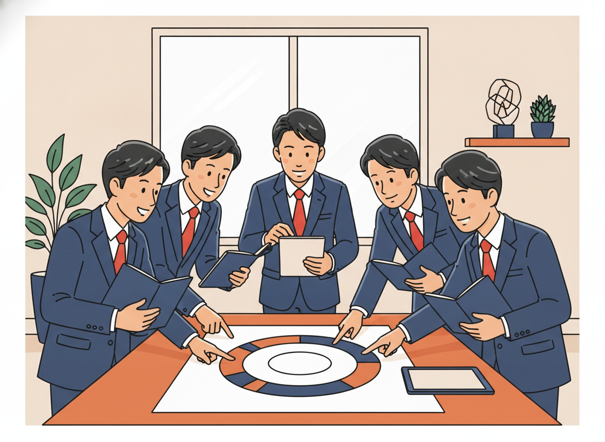 a group of focused people gathered around a table in a bright room