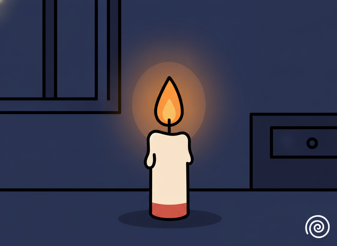 a single candle flame glowing steadily in a quiet dark room