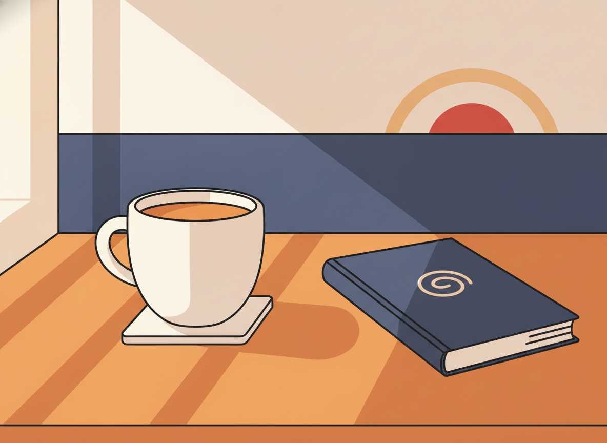 a calm morning wooden desk with a coffee cup and soft natural light, no text