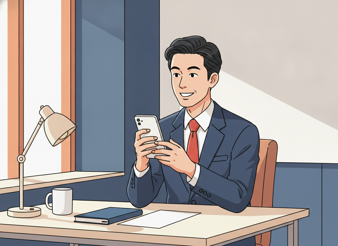 a person sitting at a desk looking thoughtfully at a smartphone in morning light, no text