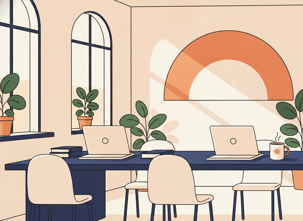 a quiet office space in early morning with warm light, no screens visible, no text