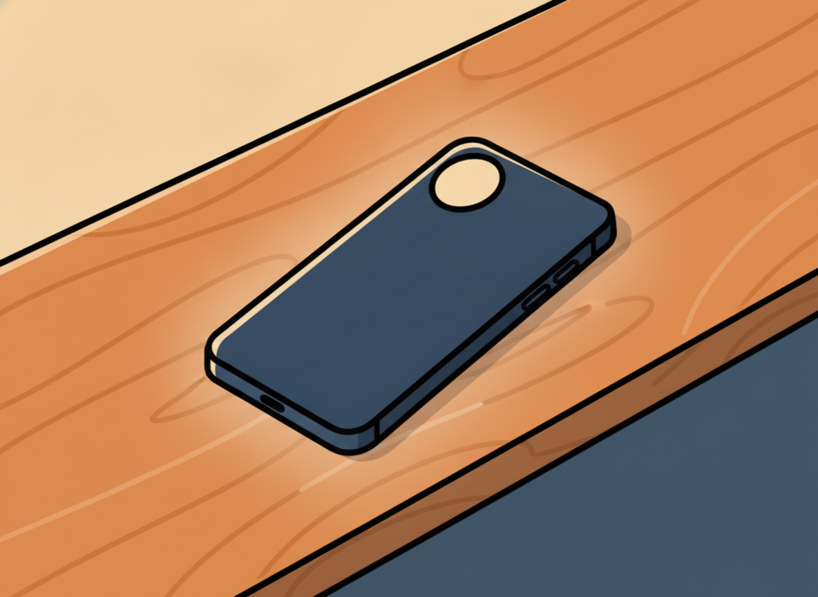 a smartphone face-down on a wooden table in soft light, no screen visible