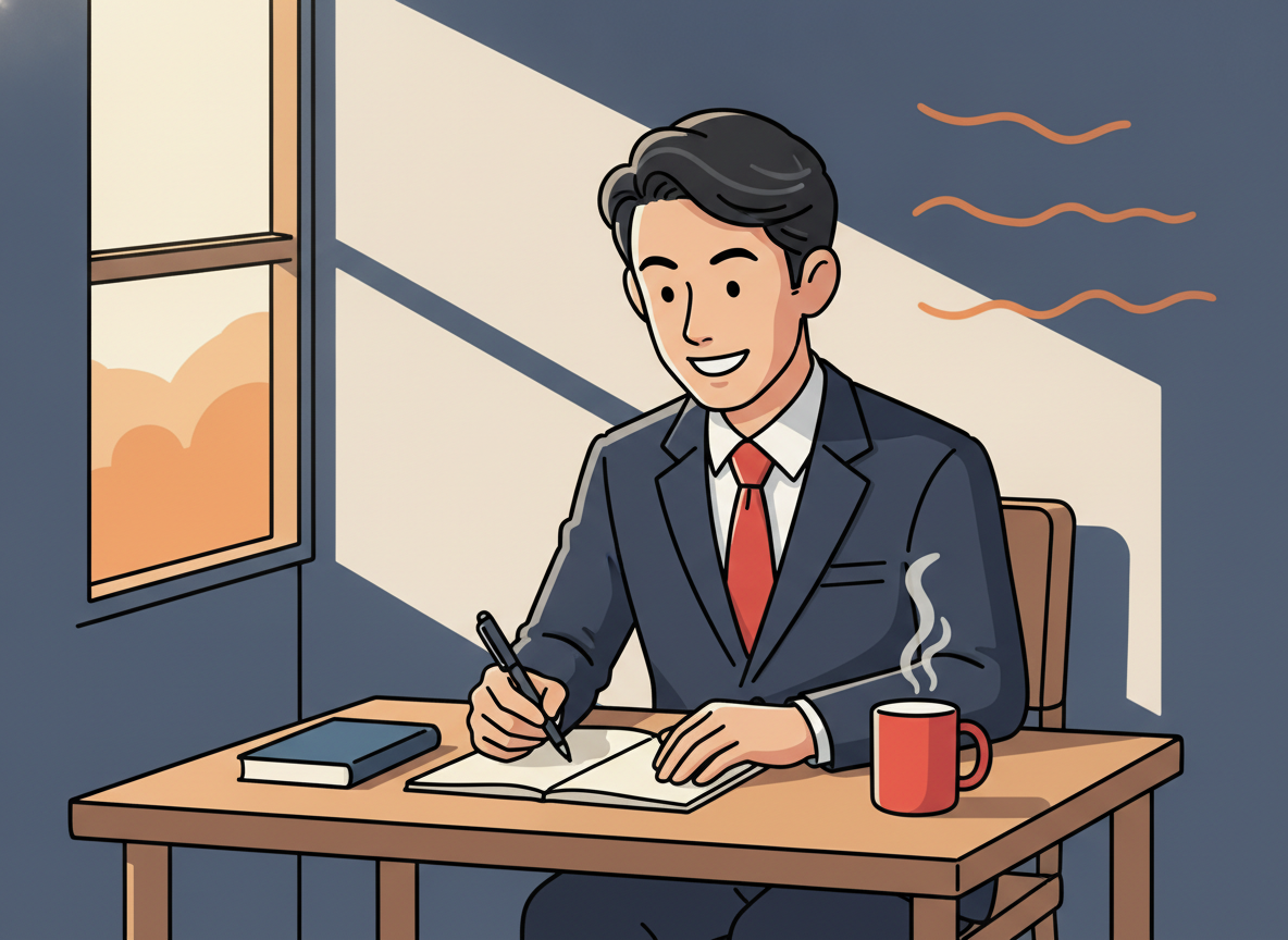 a person writing a note at a desk in early morning, no text visible on note