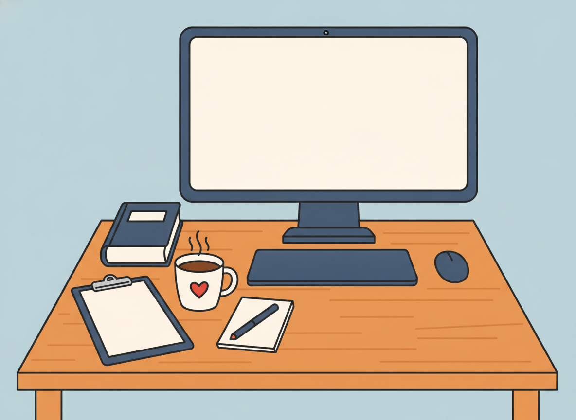 a neat minimal desk arrangement with a clipboard and coffee, no readable text
