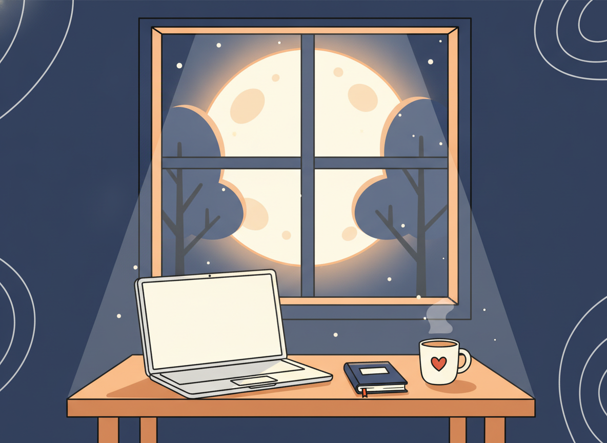 a moonlit window with a closed laptop on a desk in the foreground, serene atmosphere, no text