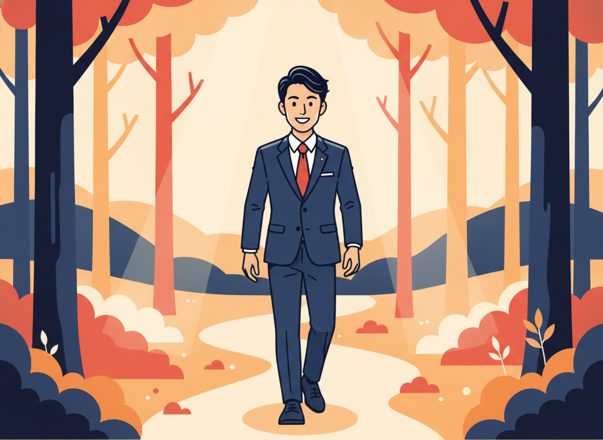 a person walking on a path in a forest with morning light filtering through trees, no text