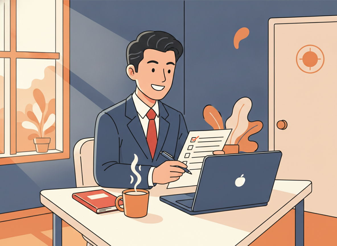 a person calmly reviewing a checklist at a desk in morning light, no text on paper