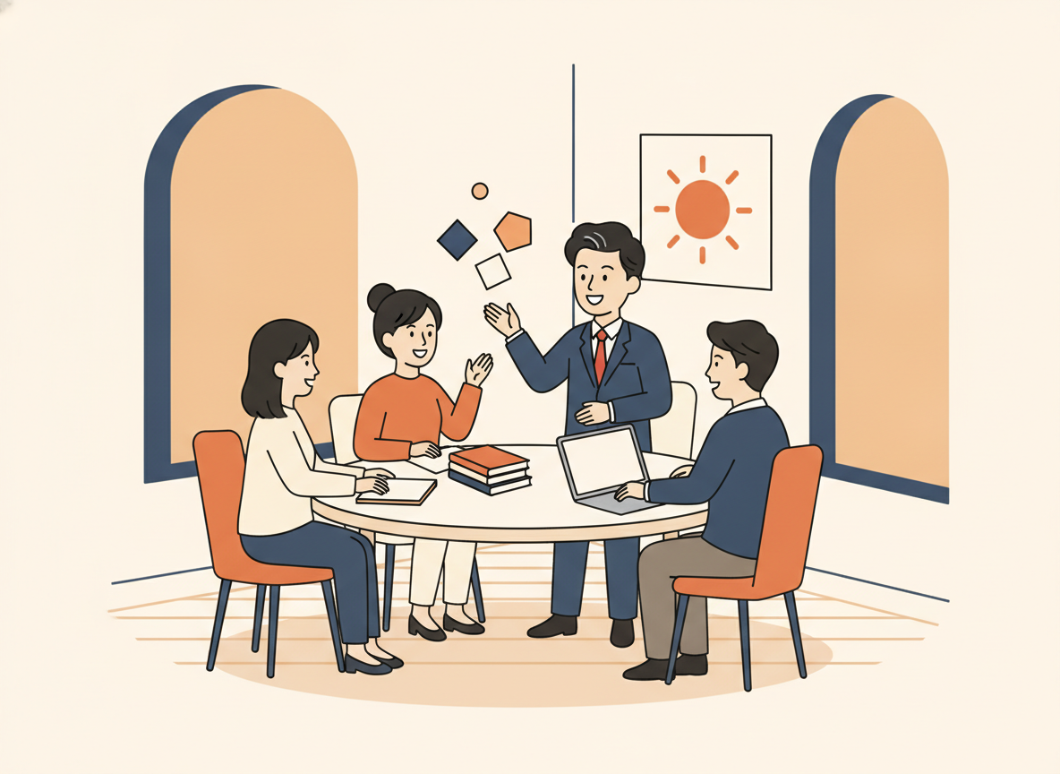 a small group of people gathered around a table in a well-lit room, collaborative atmosphere, no text