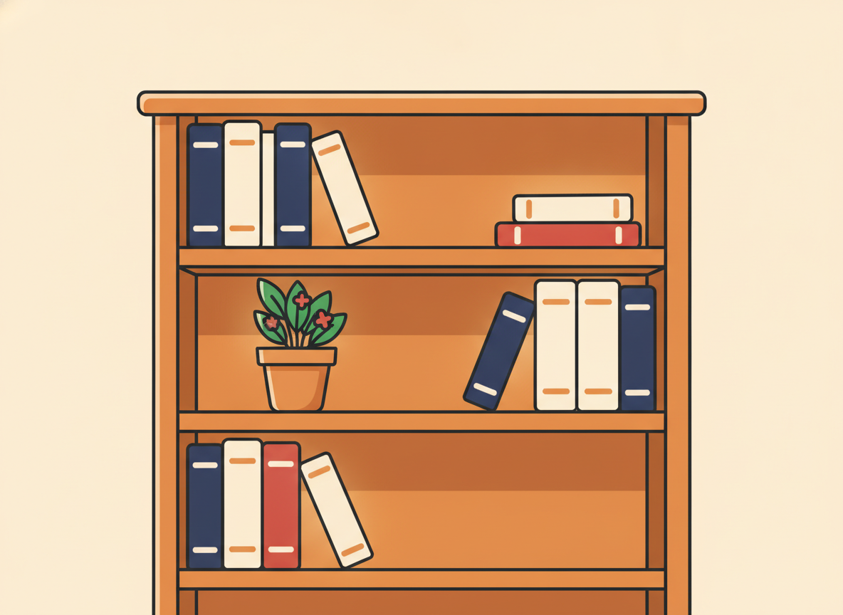 a wooden bookshelf with a few books and a small plant, warm ambient light, no readable titles
