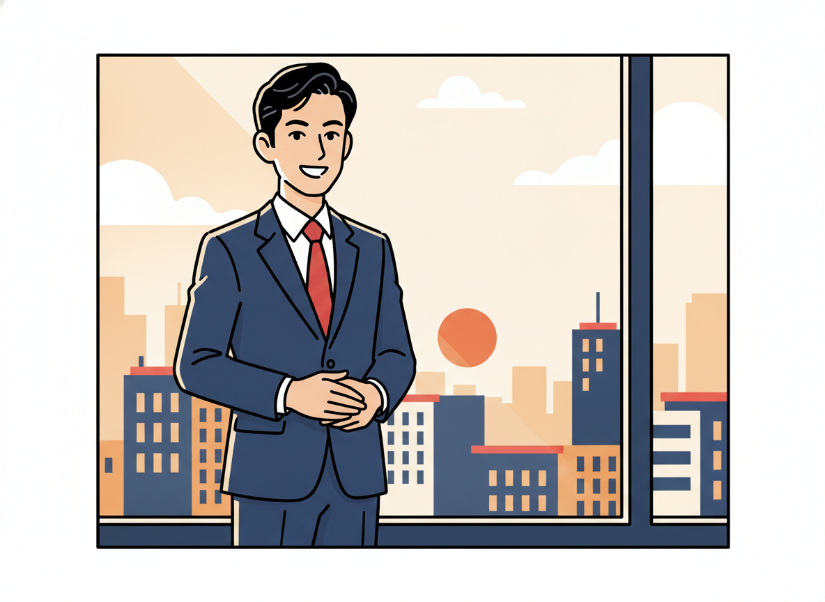 a person standing confidently at a window with city view, morning light, no text
