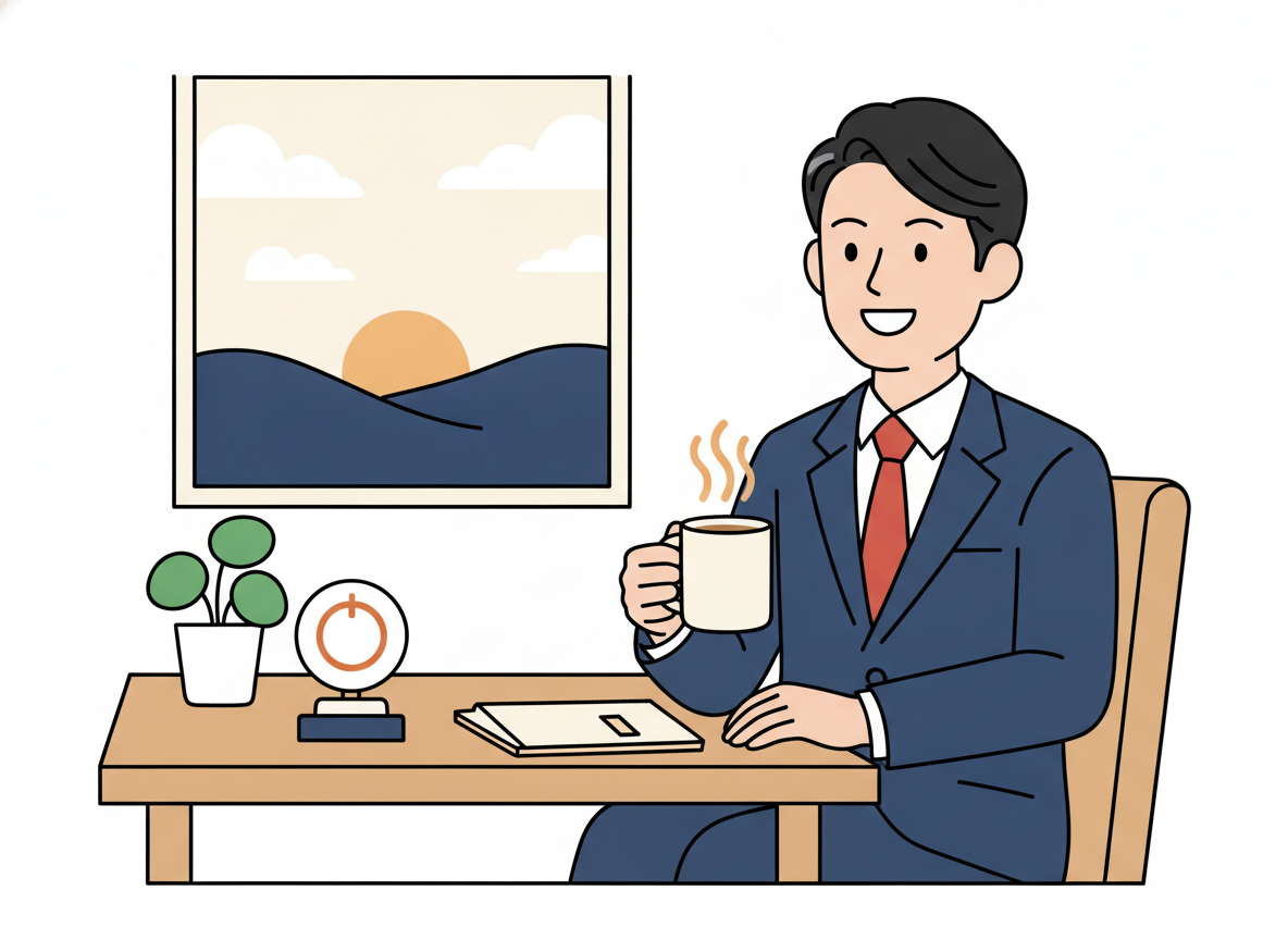 a person at a desk with a warm cup of coffee, calm and settled morning atmosphere, no text