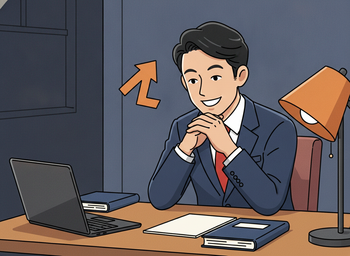 a person sitting alone at a dimly lit wooden desk late at night, looking thoughtful