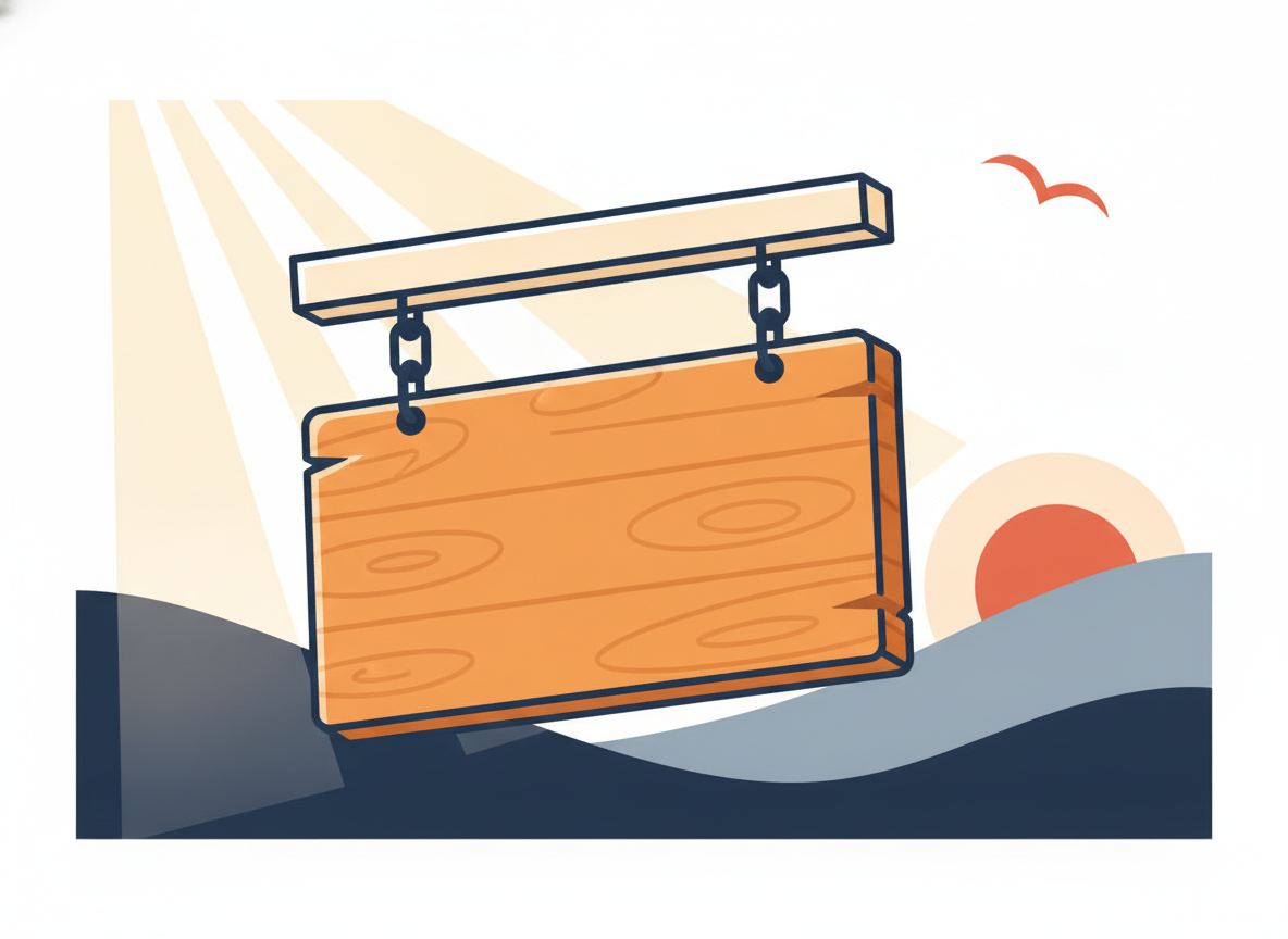 a wooden signboard hanging in soft morning light, no text visible