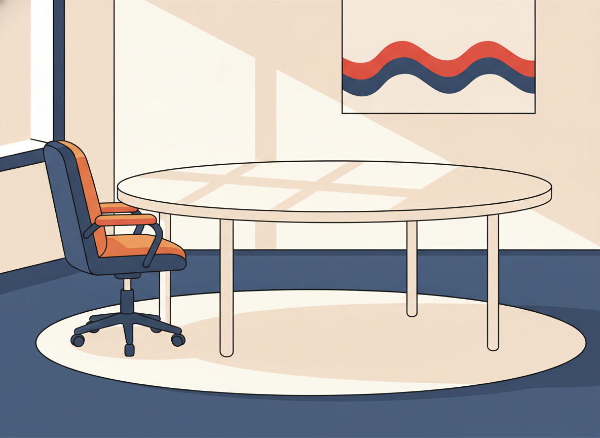 a single chair at a large empty conference table in natural light